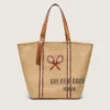 24.7 Tragetasche aus naturfarbener Raffia und braunem Leder mit goldenen Metalldetails