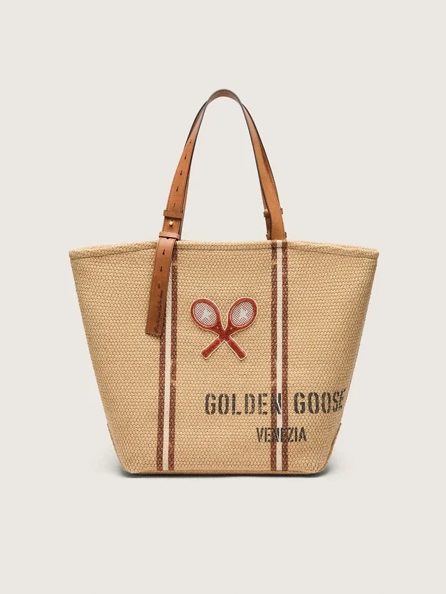 24.7 Tragetasche aus naturfarbener Raffia und braunem Leder mit goldenen Metalldetails
