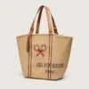 24.7 Tragetasche aus naturfarbener Raffia und braunem Leder mit goldenen Metalldetails
