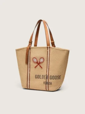24.7 Tragetasche aus naturfarbener Raffia und braunem Leder mit goldenen Metalldetails