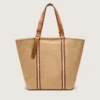 24.7 Tragetasche aus naturfarbener Raffia und braunem Leder mit goldenen Metalldetails