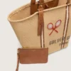 24.7 Tragetasche aus naturfarbener Raffia und braunem Leder mit goldenen Metalldetails