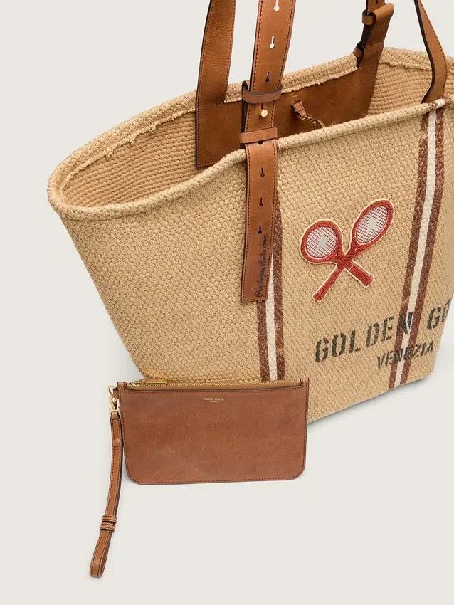 24.7 Tragetasche aus naturfarbener Raffia und braunem Leder mit goldenen Metalldetails