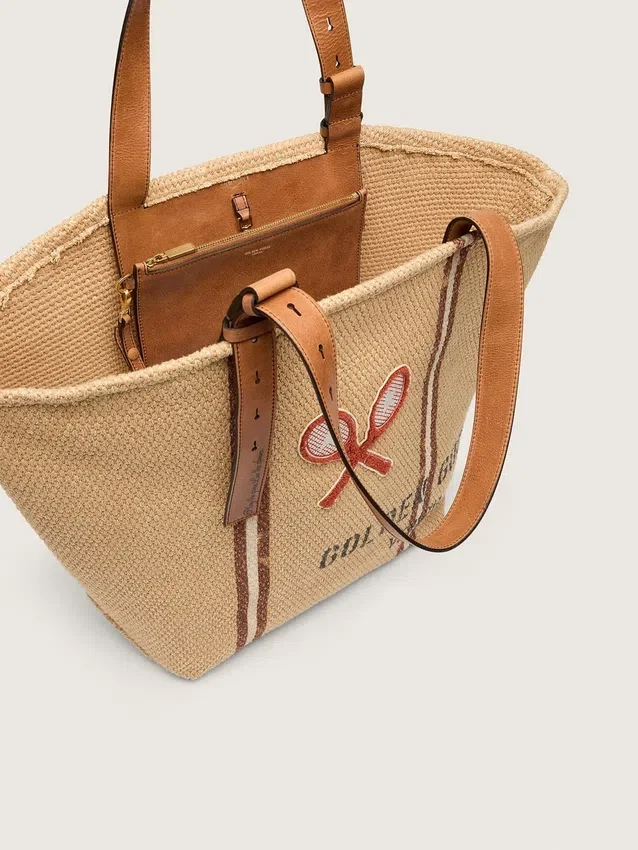 24.7 Tragetasche aus naturfarbener Raffia und braunem Leder mit goldenen Metalldetails