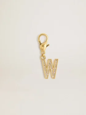 Anhänger in Form des Buchstabens W aus goldfarbenem Messing mit Kristallen