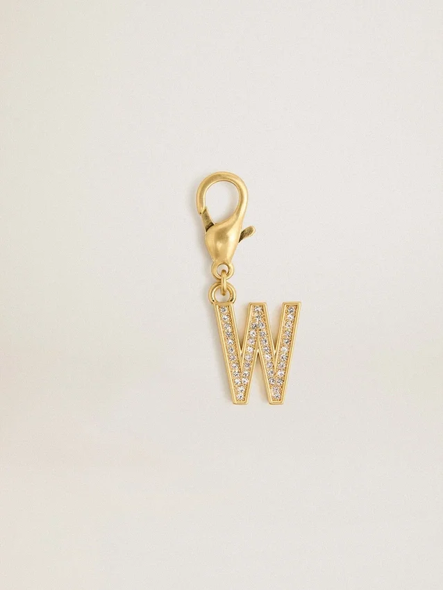Anhänger in Form des Buchstabens W aus goldfarbenem Messing mit Kristallen