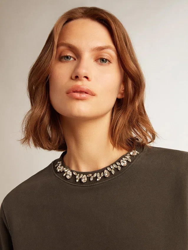 Anthrazitgraues Damen-Sweatshirt mit Kristallen
