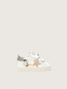 Baby-School aus Nappa mit beigem Wildlederstern und Maskottchen-Print