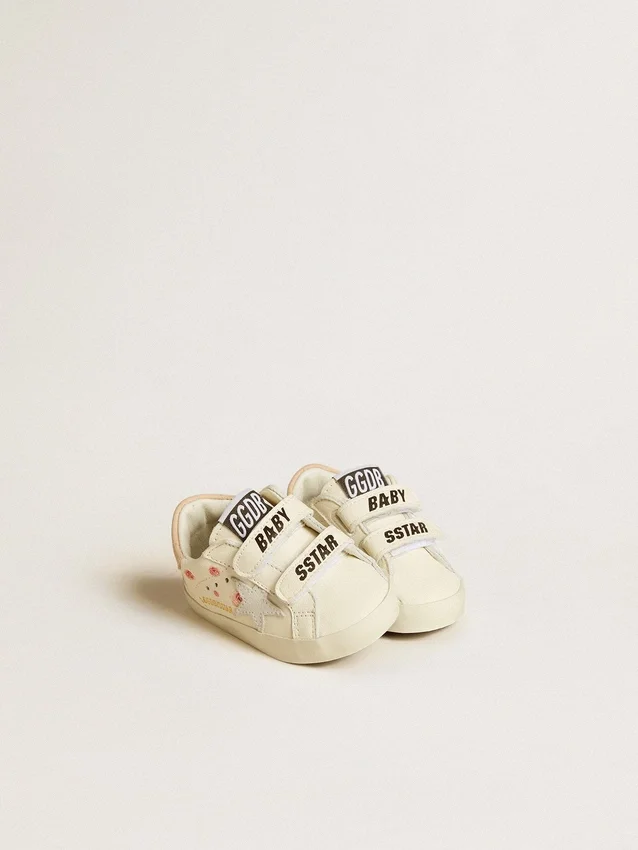 Baby-School aus Nappaleder mit rosa Rosenmotiv und weissem Stern aus Wildleder