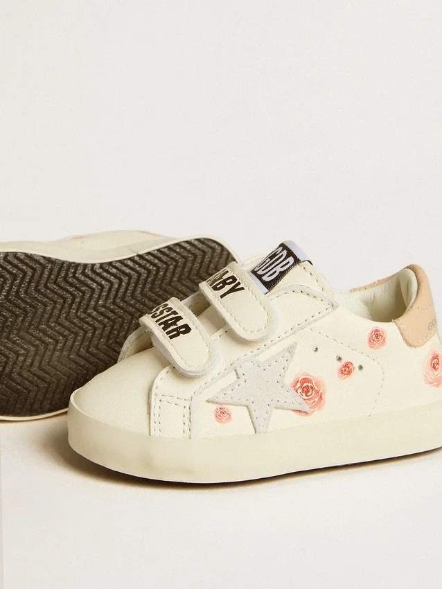 Baby-School aus Nappaleder mit rosa Rosenmotiv und weissem Stern aus Wildleder
