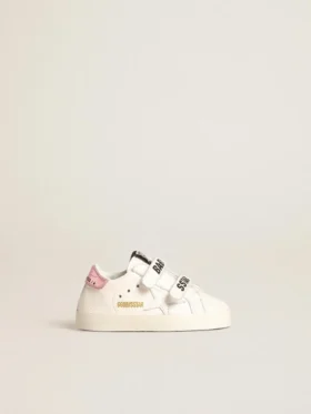 Baby-School-Set aus weissem Nappaleder mit rosa Lederlasche an der Ferse