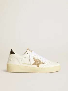 Ball Star für Damen aus weissem Leder mit goldenem Glitzerstern und schwarzer Glitzer-Fersenlasche