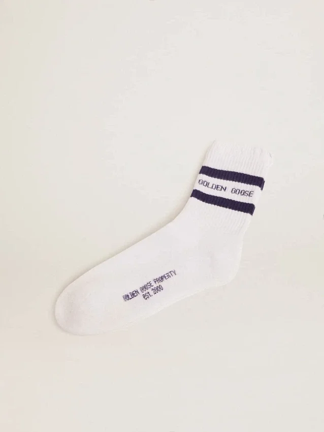 Baumwollsocken mit Used-Look, blauen Streifen und Logo
