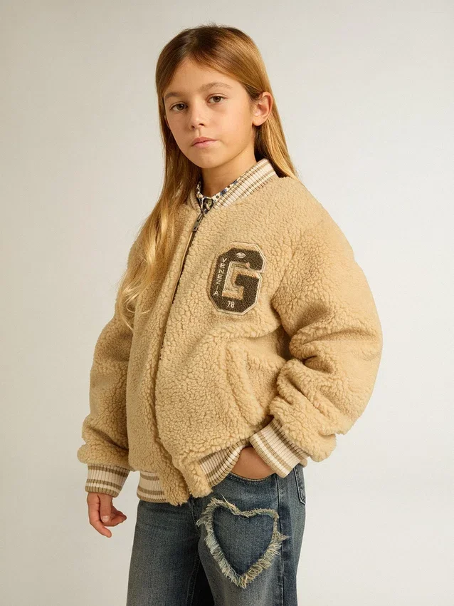 Beige Fleece-Bomberjacke für Kinder