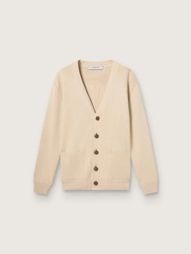 Beige Herren-Strickjacke mit «Golden»-Schriftzug auf der Rückseite