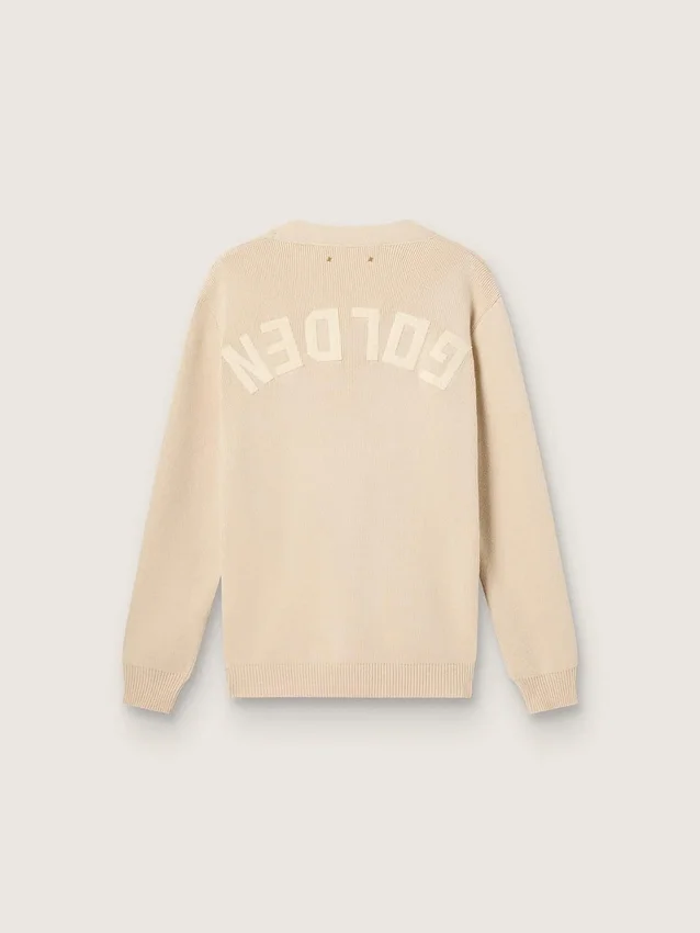 Beige Herren-Strickjacke mit «Golden»-Schriftzug auf der Rückseite