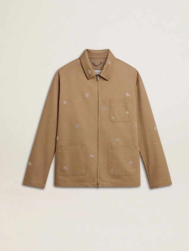 Beige Herrenjacke mit Blumenstickerei und durchgehendem Reissverschluss