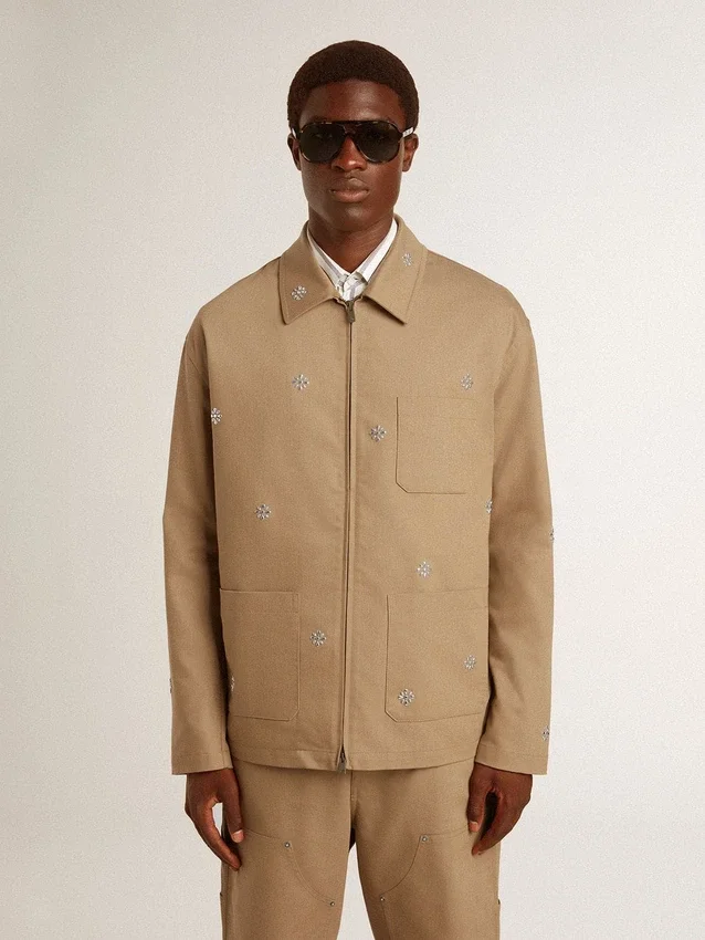 Beige Herrenjacke mit Blumenstickerei und durchgehendem Reissverschluss