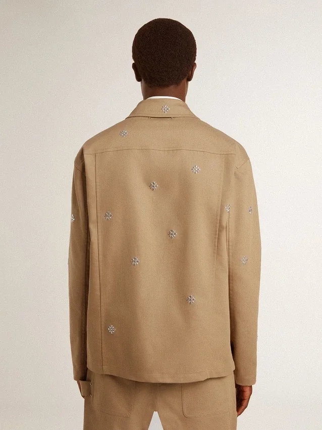 Beige Herrenjacke mit Blumenstickerei und durchgehendem Reissverschluss