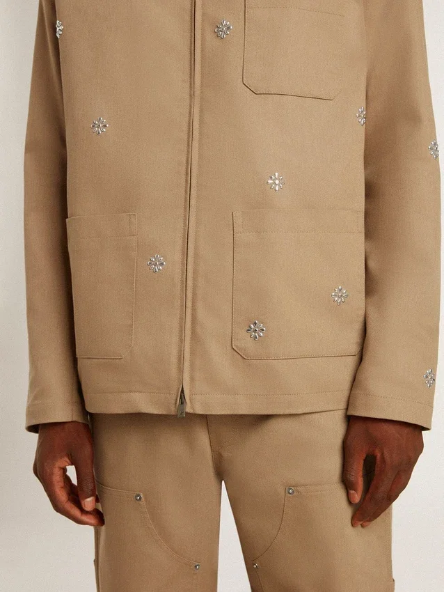 Beige Herrenjacke mit Blumenstickerei und durchgehendem Reissverschluss