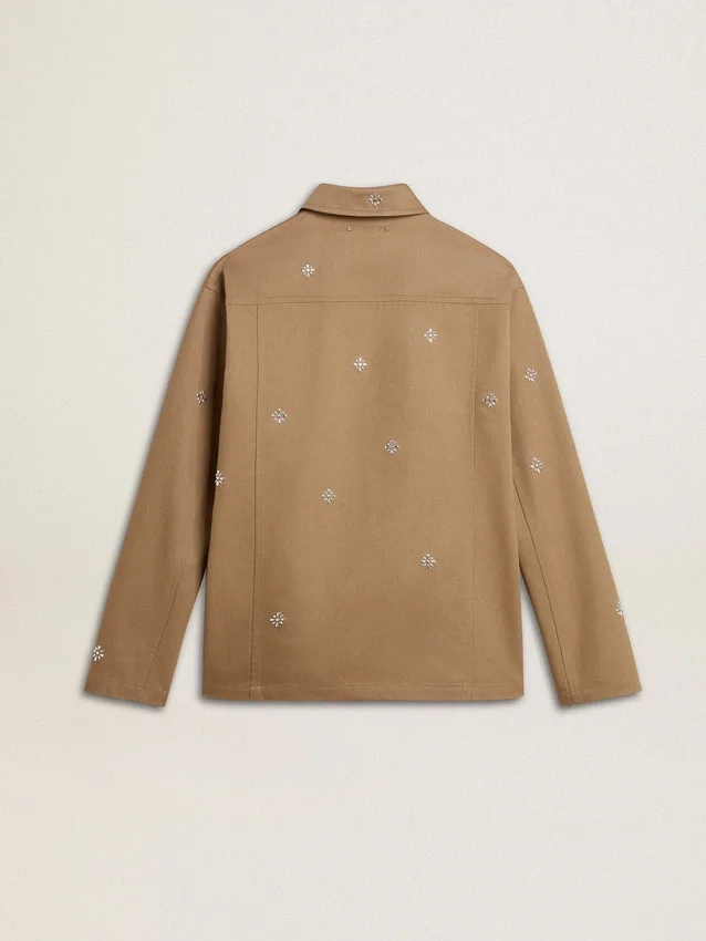 Beige Herrenjacke mit Blumenstickerei und durchgehendem Reissverschluss