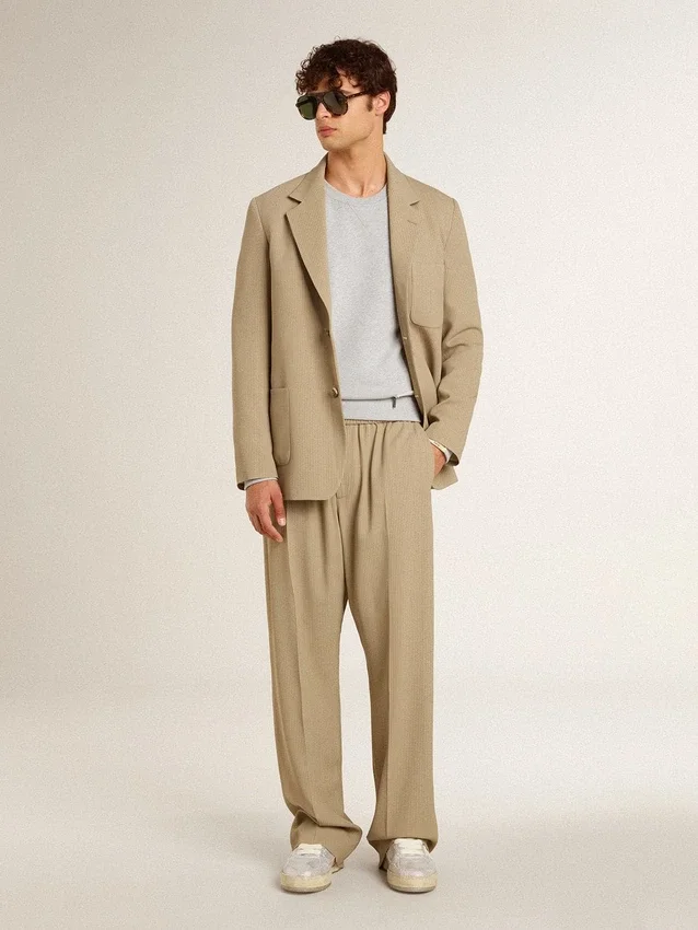 Beige Nadelstreifen-Einreiher für Herren mit Oversize-Passform