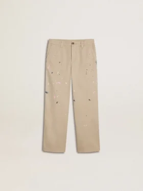 Beigefarbene Chino-Hose für Kinder mit bunten Farbtupfern