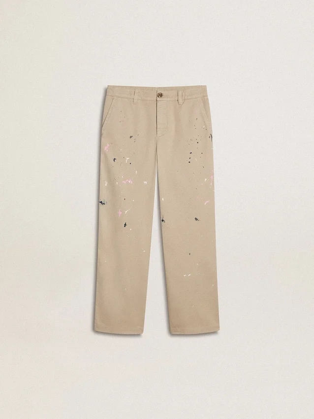 Beigefarbene Chino-Hose für Kinder mit bunten Farbtupfern