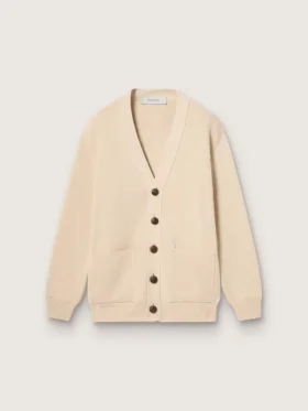 Beigefarbene Damen-Strickjacke mit «Golden»-Schriftzug auf dem Rücken