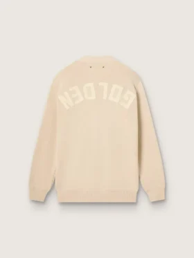 Beigefarbene Damen-Strickjacke mit «Golden»-Schriftzug auf dem Rücken