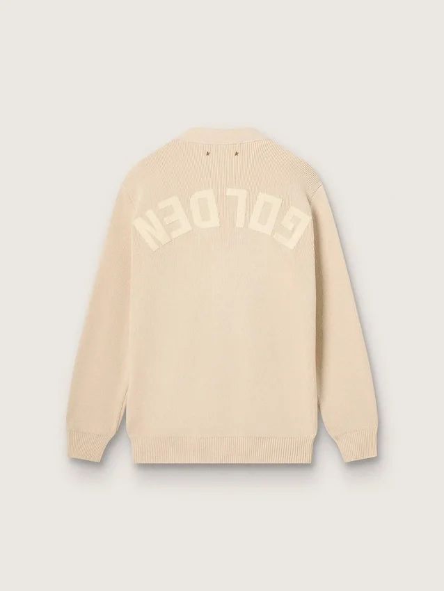 Beigefarbene Damen-Strickjacke mit «Golden»-Schriftzug auf dem Rücken