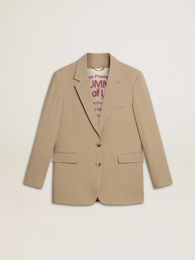 Beigefarbene, einfarbige Damenjacke mit Nadelstreifen und Oversize-Passform