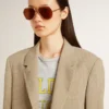 Beigefarbene, einfarbige Damenjacke mit Nadelstreifen und Oversize-Passform