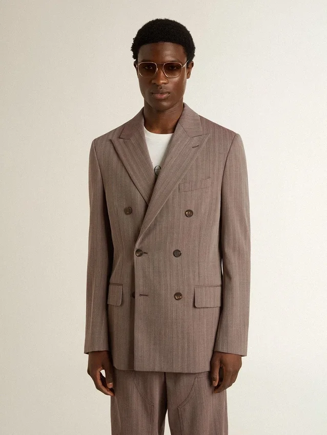 Beiger Zweireiher-Blazer aus Wollmischung mit Chevron-Muster für Herren