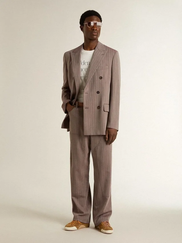 Beiger Zweireiher-Blazer aus Wollmischung mit Chevron-Muster für Herren