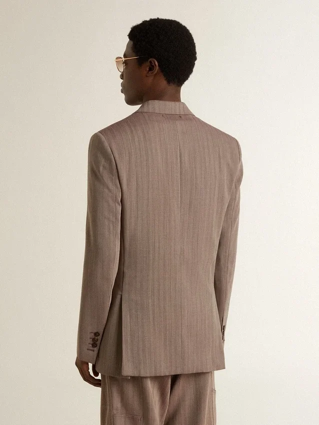 Beiger Zweireiher-Blazer aus Wollmischung mit Chevron-Muster für Herren