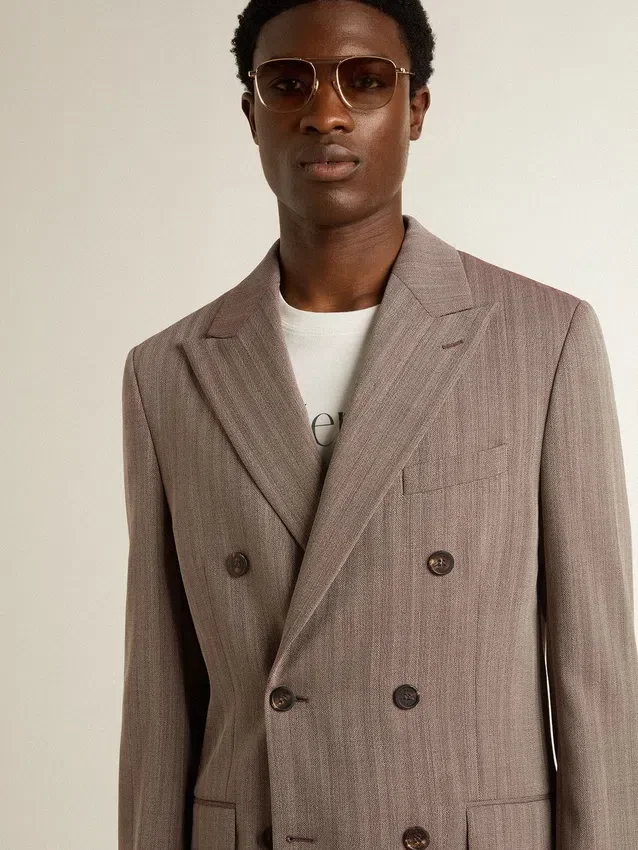 Beiger Zweireiher-Blazer aus Wollmischung mit Chevron-Muster für Herren