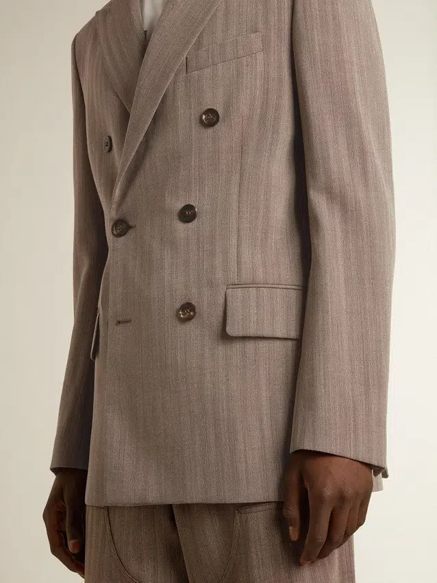 Beiger Zweireiher-Blazer aus Wollmischung mit Chevron-Muster für Herren