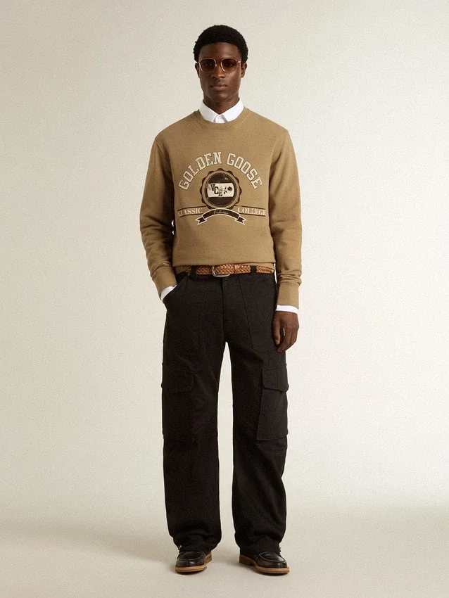 Beiges Herren-Baumwoll-Sweatshirt mit Aufdruck auf der Vorderseite