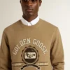Beiges Herren-Baumwoll-Sweatshirt mit Aufdruck auf der Vorderseite