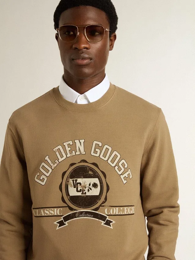 Beiges Herren-Baumwoll-Sweatshirt mit Aufdruck auf der Vorderseite