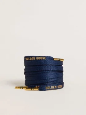 Blaue Baumwollschnürsenkel mit kontrastierendem goldfarbenem Logo