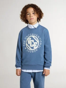 Blaues Kinder-Sweatshirt mit weissen geprägten Aufnähern