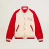 Bomberjacke in abgenutztem Weiss und Rot mit Stickerei