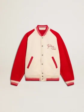 Bomberjacke in abgenutztem Weiss und Rot mit Stickerei