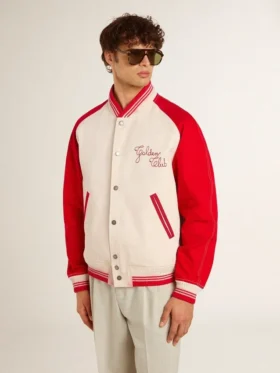 Bomberjacke in abgenutztem Weiss und Rot mit Stickerei