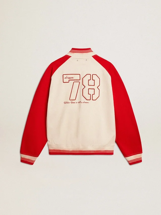 Bomberjacke in abgenutztem Weiss und Rot mit Stickerei