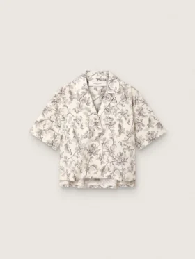 Boxy-Baumwollhemd für Damen mit schwarz-weissem Blumenprint