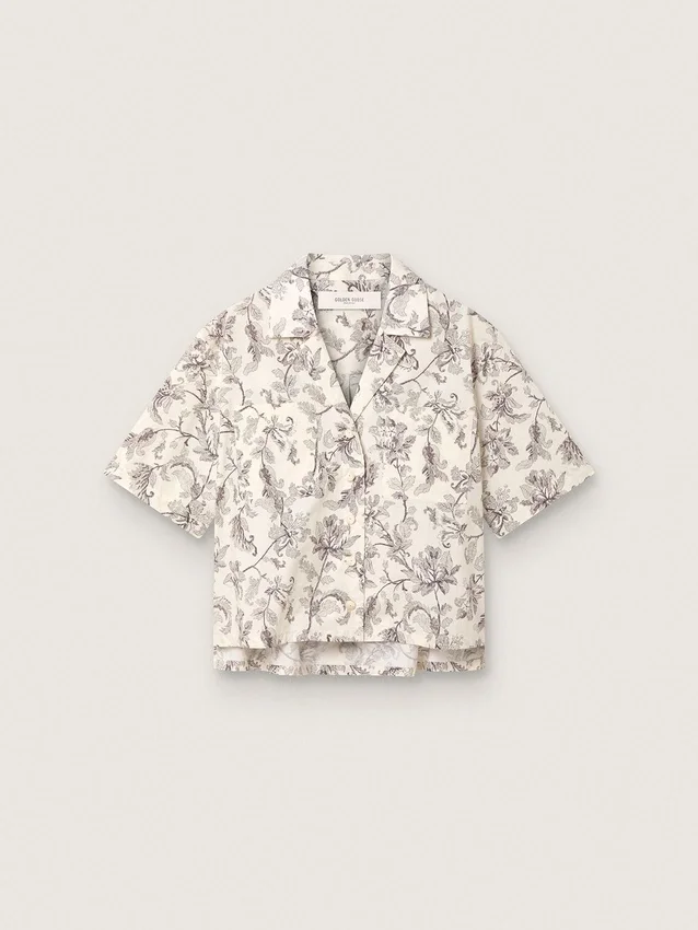 Boxy-Baumwollhemd für Damen mit schwarz-weissem Blumenprint