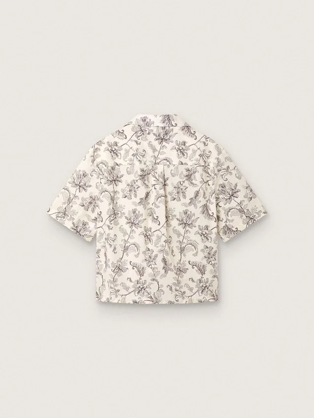Boxy-Baumwollhemd für Damen mit schwarz-weissem Blumenprint